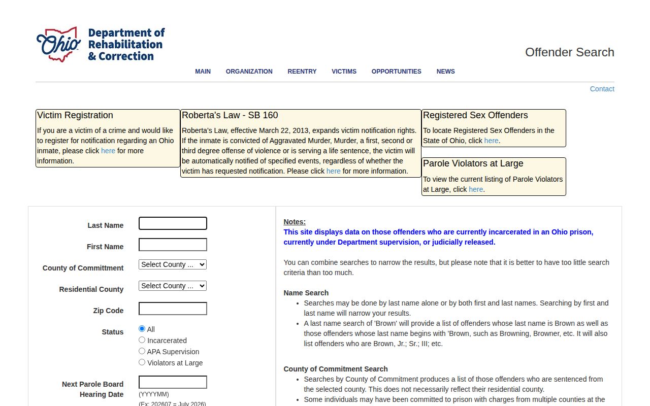 Ottawa County post-release supervision filters in the ODRC offender search