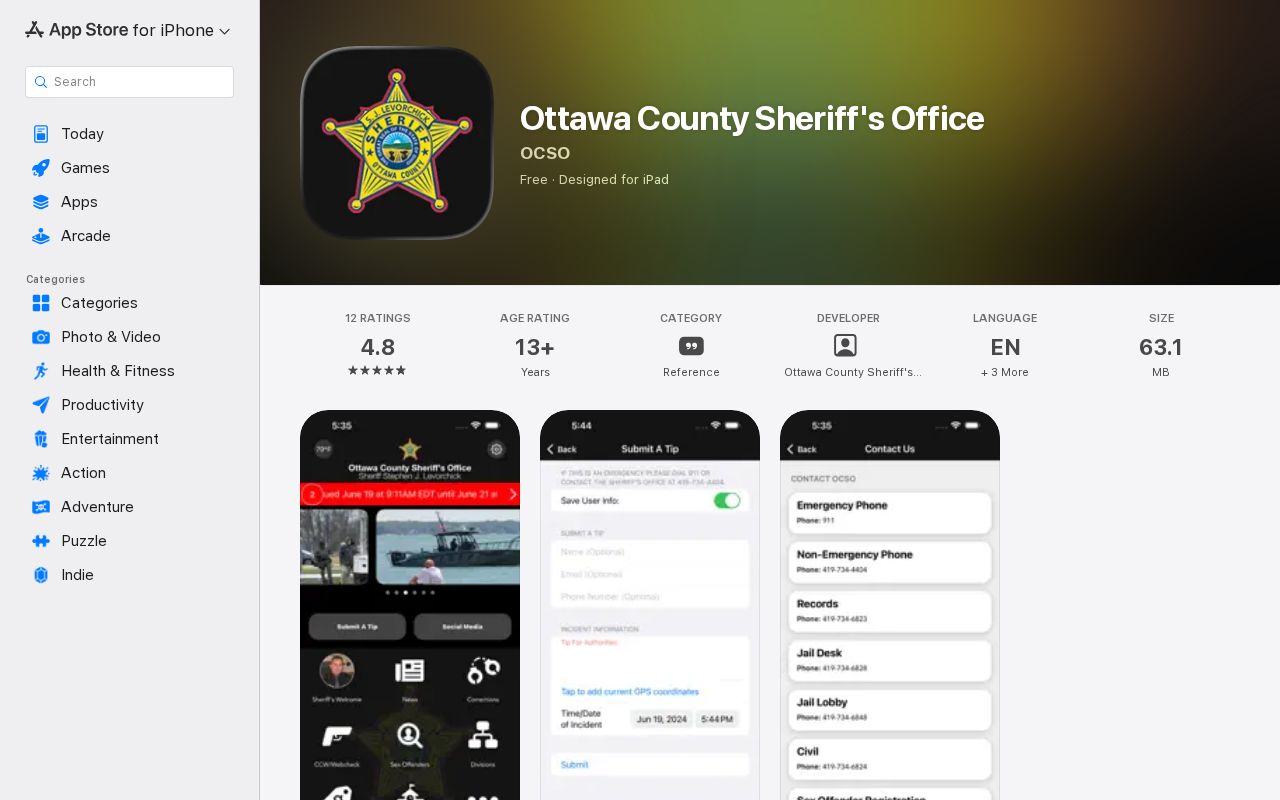 Ottawa County Sheriff iOS app listing related to current inmate views, not a 72-hour release list
